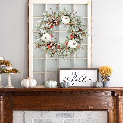 Sggvecsy Fall Wreath 20’’ Autumn Front Door Wreath Harvest Wreath with Flocked Lambs Ear White Pumpkins Pine Cones Various Berries for Outside Indoor Home Wall Festival Thanksgiving Farmhouse Decor in Saudi Arabia