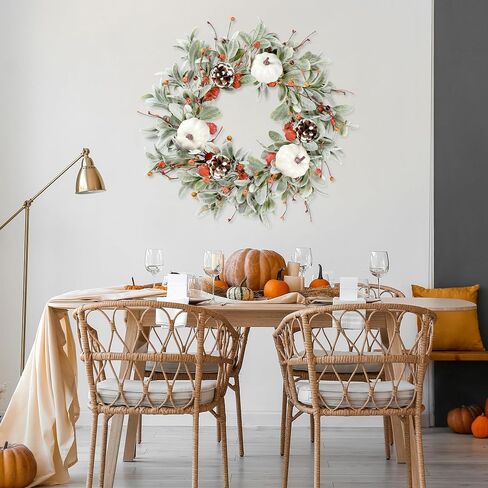 Sggvecsy Fall Wreath 20’’ Autumn Front Door Wreath Harvest Wreath with Flocked Lambs Ear White Pumpkins Pine Cones Various Berries for Outside Indoor Home Wall Festival Thanksgiving Farmhouse Decor in Saudi Arabia