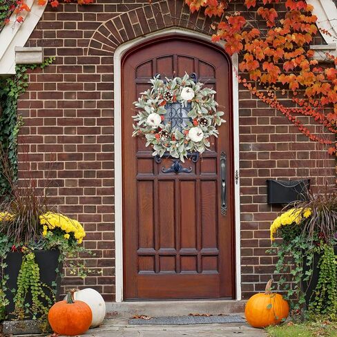 Sggvecsy Fall Wreath 20’’ Autumn Front Door Wreath Harvest Wreath with Flocked Lambs Ear White Pumpkins Pine Cones Various Berries for Outside Indoor Home Wall Festival Thanksgiving Farmhouse Decor in Saudi Arabia