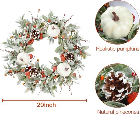 Sggvecsy Fall Wreath 20’’ Autumn Front Door Wreath Harvest Wreath with Flocked Lambs Ear White Pumpkins Pine Cones Various Berries for Outside Indoor Home Wall Festival Thanksgiving Farmhouse Decor in Saudi Arabia