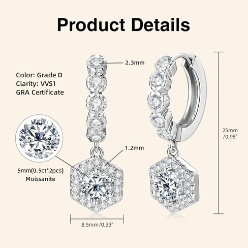 WOAINI Dangle Earrings for Women,D Color VVS1 Clarity Moissanite Solitaire Studs, 925 Sterling Silver Moissanite Diamond Small Earrings, GRA Certified in Saudi Arabia