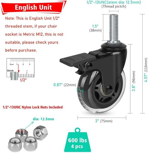 Hirate 3 inch Caster Heavy Duty 1/2"-13 x 1.5" Threaded Stem Castors Set of 4(Screw Length 38mm), Swivel Locking Castors for Furniture Trolley Dolly with Nylon Lock Nuts in Saudi Arabia