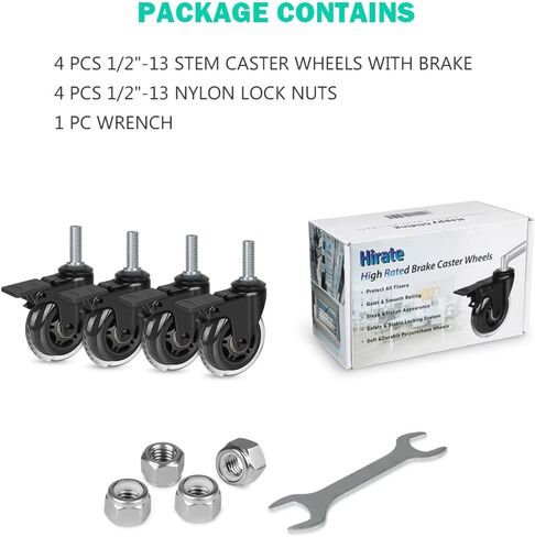 Hirate 3 inch Caster Heavy Duty 1/2"-13 x 1.5" Threaded Stem Castors Set of 4(Screw Length 38mm), Swivel Locking Castors for Furniture Trolley Dolly with Nylon Lock Nuts in Saudi Arabia