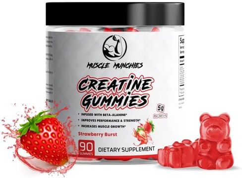 علكات الكرياتين من Muscle Munchies قابلة للمضغ للرجال والنساء - مملوءة ببيتا ألانين - 5 جم من الكرياتين لكل وجبة - تزيد من القوة ونمو العضلات والقدرة على التحمل والتعافي - نباتية وغير معدلة وراثيًا (انفجار الفراولة) in Saudi Arabia