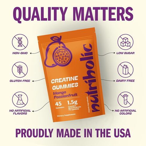 Creatine Monohydrate Gummies, 1.5g Creatine per Gummy, for Women & Men. Vegan, Gluten-Free, Non-GMO, Made in USA in Saudi Arabia