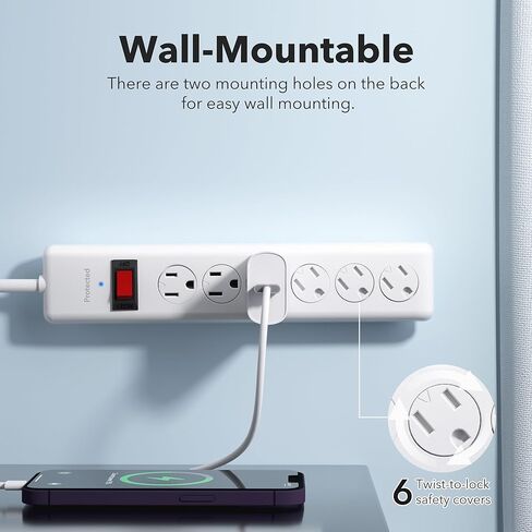 BN-LINK 6-Outlet Power Strip Surge Protector 2-Pack، سلك تمديد بطول 10 أقدام، 600 جول، أغطية أمان ملتوية للإغلاق، قابس مسطح 90 درجة، حماية من الحمل الزائد، أبيض in Kuwait