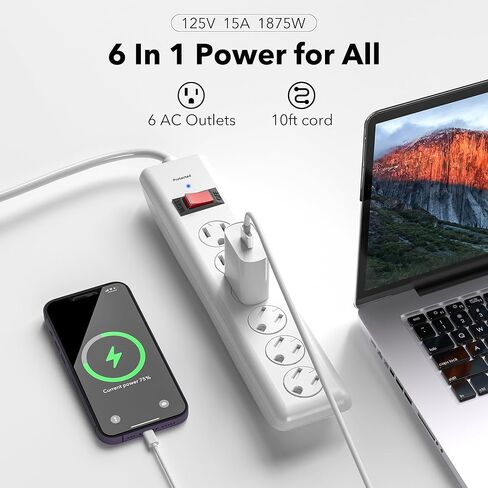 BN-LINK 6-Outlet Power Strip Surge Protector 2-Pack، سلك تمديد بطول 10 أقدام، 600 جول، أغطية أمان ملتوية للإغلاق، قابس مسطح 90 درجة، حماية من الحمل الزائد، أبيض in Kuwait