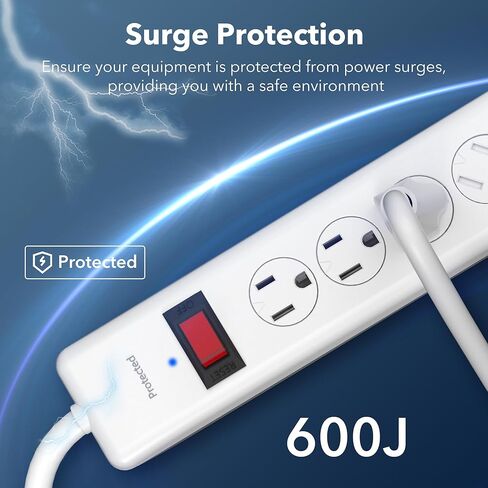 BN-LINK 6-Outlet Power Strip Surge Protector 2-Pack، سلك تمديد بطول 10 أقدام، 600 جول، أغطية أمان ملتوية للإغلاق، قابس مسطح 90 درجة، حماية من الحمل الزائد، أبيض in Kuwait
