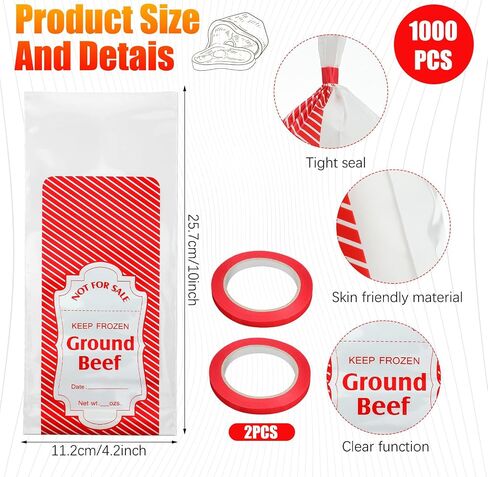 Cholemy 1 lb Red Plaid Ground Beef Freezer Bags Polyethylene Sausage Meat Bags for Freezer Storage Dry Age Bags for Meat with Bag Sealing Tapes Your Ground Meat Packaging System(1000 Pcs) in Saudi Arabia