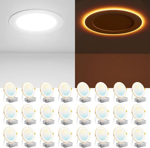 Amico 24 Pack 6 Inch 5CCT LED Recessed Ceiling Light with Night Light, 2700K/3000K/3500K/4000K/5000K Selectable Ultra-Thin Recessed Lighting, 12W=110W, 1100LM, Dimmable Canless Wafer Downlight ETL&FCC in Saudi Arabia