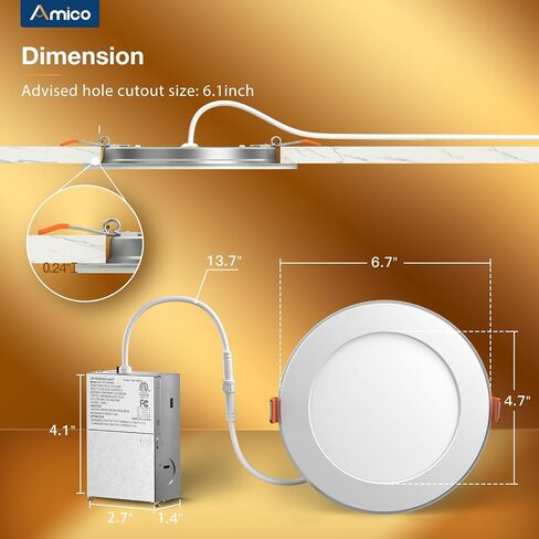 Amico 24 Pack 6 Inch 5CCT LED Recessed Ceiling Light with Night Light, 2700K/3000K/3500K/4000K/5000K Selectable Ultra-Thin Recessed Lighting, 12W=110W, 1100LM, Dimmable Canless Wafer Downlight ETL&FCC in Saudi Arabia