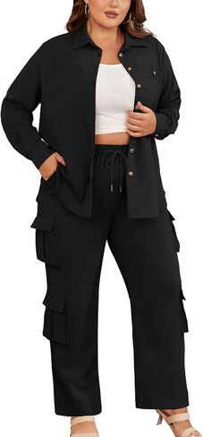 AOVDE Women's Plus size 2 Piece Outfits Long Sleeve Button Down Shirt Wide Leg Pants Casual Streetwear Pant Sets for Women in Saudi Arabia