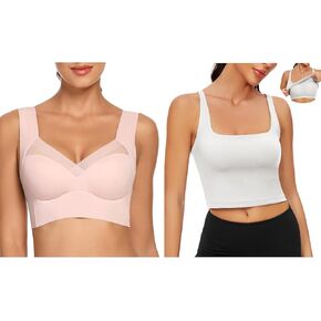 WOWENY Womens Seamless Wirefree Bras Longline Sports Bras for Women Pink+White L