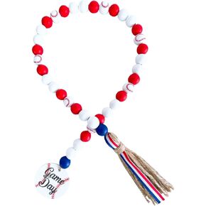 Decoendiy Baseball Wooden Beads Tassel, Summer Sports Print Wood Beads String, Tiered Tray Decor Beads, Rustic Farmhouse Beads for Wall Hanging Home Decorations (Red)