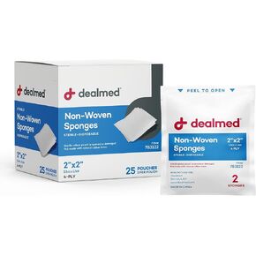 Dealmed Premium Non-Woven Sponges – 2" x 2" 4-Ply Non-Woven Gauze Pads, 25 Pouches, 2 Per Pouch, Absorbent Gauze Sponges, Wound Care Product for First Aid Kits and Medical Facilities