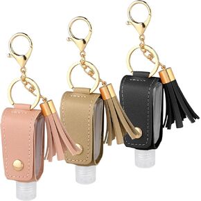 3 Pcs Small Hand Sanitizer Keychain Portable Leather Travel Hand Sanitizer Holder Leakproof Plastic Empty Bottles Hand Sanitizer Travel Holder Bottle for Lotion Liquid Soap Shampoo Black White Pink