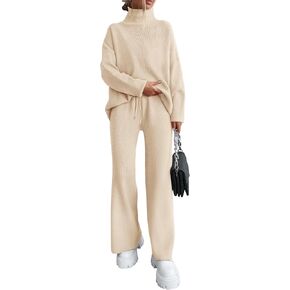 dowerme Women 2 Piece Sweater Sets High Neck Long Sleeve Sweater Top Drawstring Wide Leg Pant Chunky Knit Lounge Set