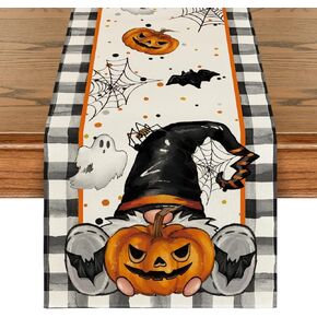 Artoid Mode Buffalo Plaid Gnome Bat Pumpkin Ghost Halloween Table Runner, Sensonal Kitchen Dining Table Decor for Home Party 13 x 72 Inch