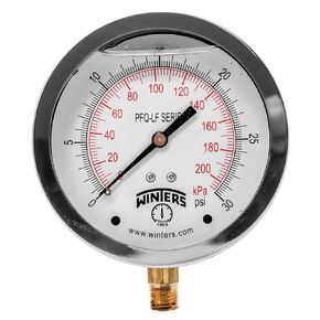 Winters 4" Dial Size, Liquid Filled Pressure Gauge, Potable Brass Internals, 304 Stainless Steel Case, Dual Scale 0-30 psi/kPa, 1.5% Acc, 1/4" NPT Bottom Mount, Drinking Water Pressure Gauge