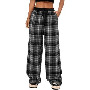 MakeMeChic Women's Wide Leg Pants Plaid Drawstring High Waist Loose Work Baggy Pants Sweatpants with Pocket