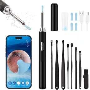 Ear Wax Removal, Earwax Remover Tool with 8 Pcs Ear Set, Ear Cleaner with Camera, Earwax Removal Kit with Light, Ear Camera with 4 Ear Spoon, Ear Cleanning Kit for iOS & Android (Black)