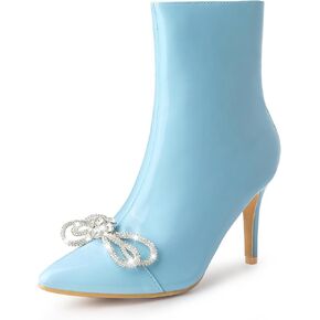 Perphy Patent Leather Boot Bow Rhinestone Pointy Toe Stiletto Heels Ankle Boots for Women