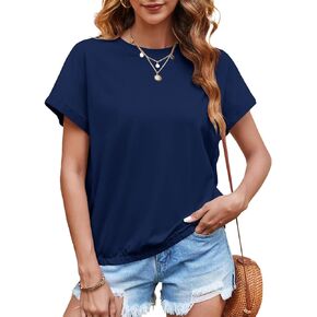 Tankaneo Women Short Cap Sleeve Tops Summer Crew Neck Loose Basic T-Shirts Tees with Elastic Hem