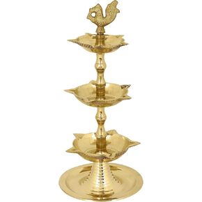 SATVIK Standing Brass Kerala Samai Diwali Deepak for Puja Traditional Panchmahal Pooja Deepam Diya Oil Lamp Kutthu Vilakku Dia 3 in 1 Step Adjustable 8.5 inch Deepawali Indian Gift Item