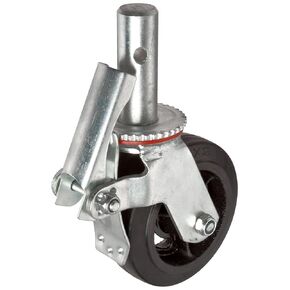 Locking Stem Scaffold Caster, Swivel with Lock, Rubber on Iron Wheel, Roller Bearing, 410 lbs Capacity, 6" Wheel Dia, 2" Wheel Width, 7-1/2" Mount Height, 1-3/8" Stem Dia, 3-3/4" Stem Height