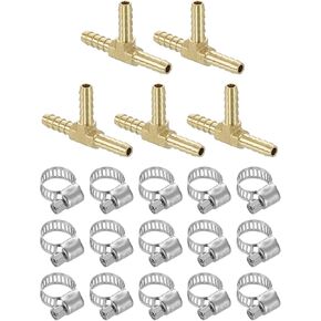 uxcell 2pcs Brass Tee Barb Fittings, 3-Ways Tee 5/16" x 5/16" x 5/16" Barbed Hose Reducer, Tee Brass Barb Fitting Reducer with 6pcs Hose Clamps for Water Fuel Air
