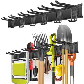 Garage Organization, Garage Tool Organizer Wall Mount with 48 inches Rails and 6 Double-layer Hooks, Garden Tool Rack Heavy Duty, Garage Hanging Storage Rack For Yard Tools, Shovel, Shed
