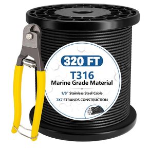 320FT 1/8" Stainless Steel Cable, T316 Black Wire Rope Cable for Deck Railings—7x7 Strands Core