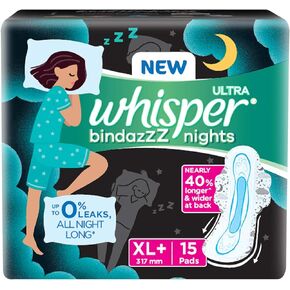 Whisper Ultra Night Sanitary Pads for Women, XL+ 15 Napkins