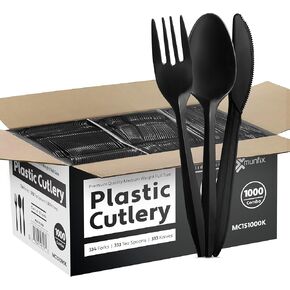 1000 Count Black Silverware Set, 334 Plastic Forks, 333 Plastic Spoons, 333 Plastic Knives, Medium Weight BPA Free Disposable Plastic Cutlery Set, Bulk Combo Pack Flatware Set for Party Supplies