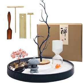 Desktop Zen Garden with Refillable Hourglass and Variety of Accessories, Meditation Min Zen Garden for Home & Office, Mini Zen Garden Kit for Desk