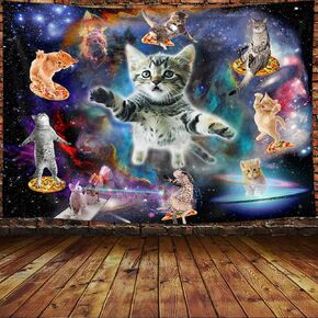 Cat Tapestry, Funny Cool Cat Tapestry Fantasy Universe Galaxy Space Tapestry for Boys Kids, Starry Sky Nebula Galaxy Tapestry Hilarious Cool Cat Tapestry 60X40 Inch for Bedroom Living Room Dorm Room