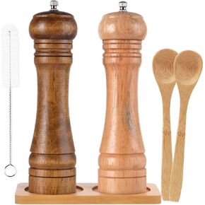 SZUAH Salt and Pepper Grinders, Oak Wooden Salt and Pepper Mills Shakers with Cleaning Brush & Wood Stand, Ceramic Rotor with Strong Adjustable Coarseness[Set of 2]