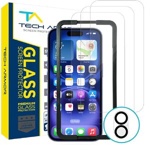 Tech Armor Screen Protector for iPhone 15 6.1 inch - Ballistic Tempered Glass, Case Friendly, Sensor Protection, HD, 9H Hardness, 3 Pack + Bonus Camera Lens Protectors