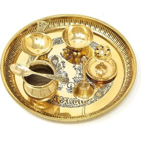 NOBILITY Diwali Gift Brass Pooja thali Set 8 Inch Ganesha Lakshmi Design Subh Labh Puja Thali for Diwali Ganesh Festival Home Office Mandir Wedding Return Gift Items