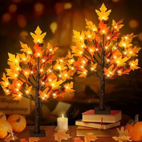 Remon 2Pack Fall Lighted Maple Tree - 2FT 36 LED Thanksgiving Decor Artificial Fall Lights, Battery Operated Tabletop Lamp with 6 Acorns, 6-Hours Timer, for Wedding Party Indoor Outdoor Autumn Decor…