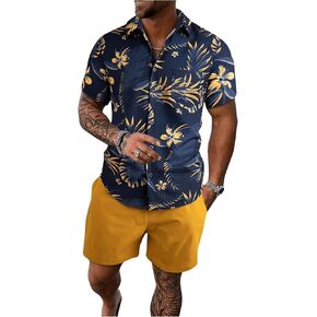 WDIRARA Men's Two Piece Collared Neck Short Sleeve Button Front Tops and Drawstring Short Set with Pockets