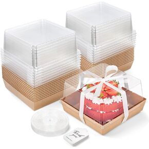 7 x 7 x 4 Inches Paper Cake Boxes with Clear Lids, 20 Pack Square Disposable Bakery Boxes To Go Food Containers for 4-6 Inch Bundt Cake, Pie, Dessert, Cupcake, Charcuterie, Cocoa Bomb (Brown)