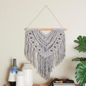 Deco 79 Cotton Macrame Handmade Intricately Weaved Wall Decor with Beaded Fringe Tassels, 32" x 1" x 42", Gray