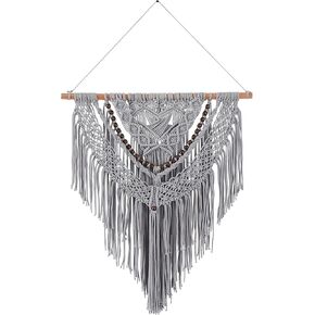Deco 79 Cotton Macrame Handmade Intricately Weaved Wall Decor with Beaded Fringe Tassels, 27" x 1" x 42", Gray