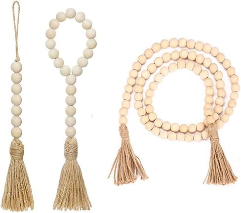 3 قطع من إكليل الخرز من الخشب الطبيعي مع شرابات، ديكور بوهو مصنوع يدويًا لديكور معلق على الحائط لبيت المزرعة، غرفة الطفل، زخرفة المزهرية in Kuwait