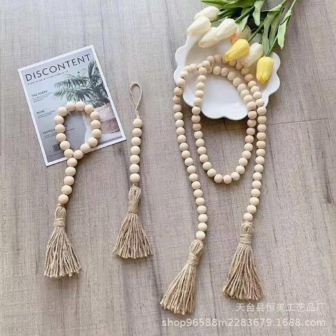 3 قطع من إكليل الخرز من الخشب الطبيعي مع شرابات، ديكور بوهو مصنوع يدويًا لديكور معلق على الحائط لبيت المزرعة، غرفة الطفل، زخرفة المزهرية in Kuwait