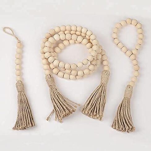 3 قطع من إكليل الخرز من الخشب الطبيعي مع شرابات، ديكور بوهو مصنوع يدويًا لديكور معلق على الحائط لبيت المزرعة، غرفة الطفل، زخرفة المزهرية in Kuwait