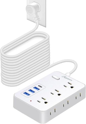 سلك تمديد بطول 25 قدمًا مع منافذ متعددة، شريط طاقة Asamoom بطول 25 قدمًا مع 6 منافذ مع 4 منافذ USB (1 USB C)، قابس مسطح بسلك طويل حماية 1700 جول للمنزل والمكتب باللون الأسود in Kuwait