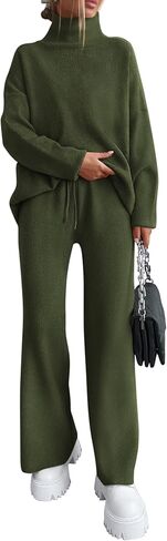 Dowerme المرأة 2 قطعة مجموعات سترة عالية الرقبة طويلة الأكمام سترة الرباط واسعة الساق بانت مكتنزة متماسكة صالة مجموعة in Kuwait