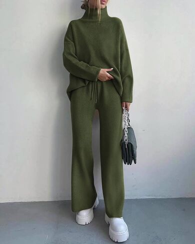 Dowerme المرأة 2 قطعة مجموعات سترة عالية الرقبة طويلة الأكمام سترة الرباط واسعة الساق بانت مكتنزة متماسكة صالة مجموعة in Kuwait